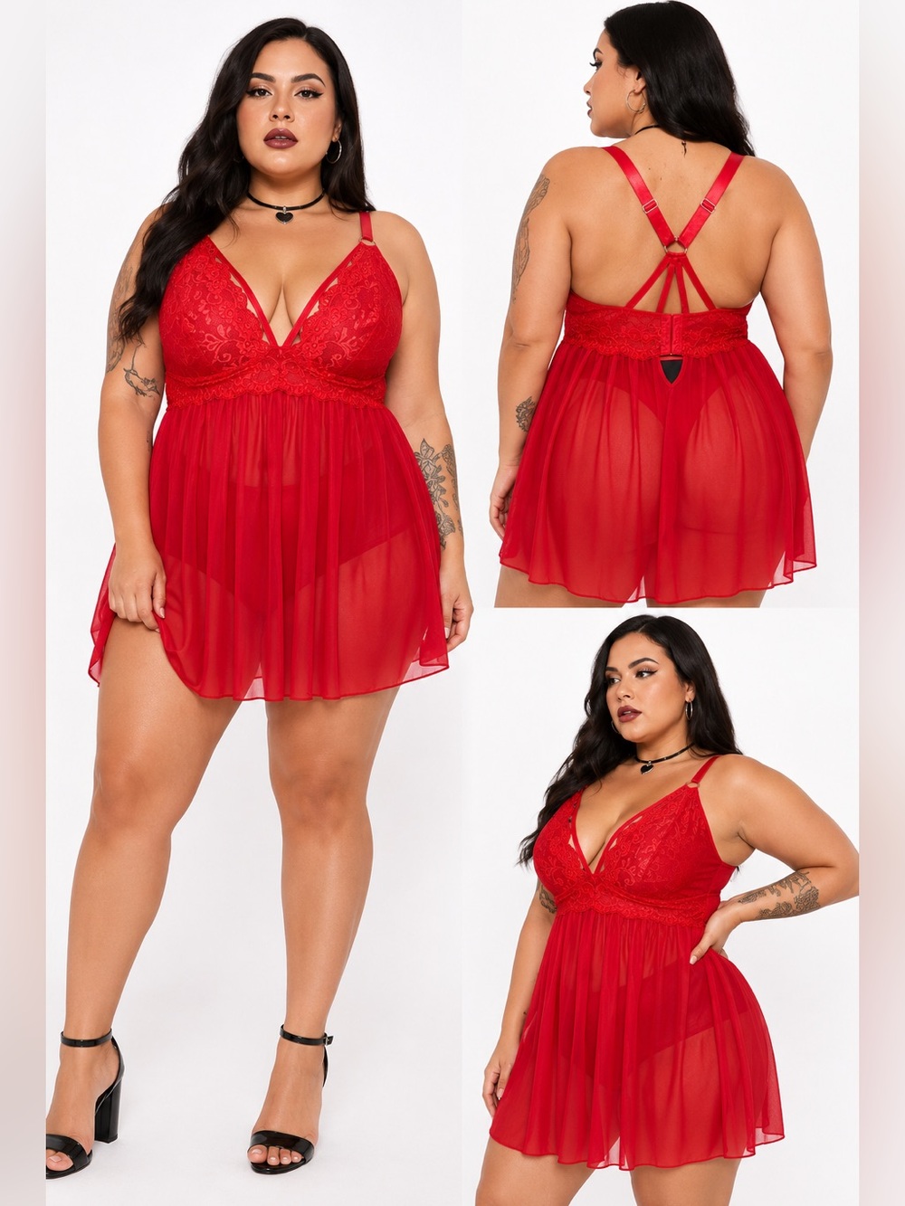 HIPS & CURVES Lace & Chiffon Strappy Babydoll Nightdress Lingerie Red Size 1X